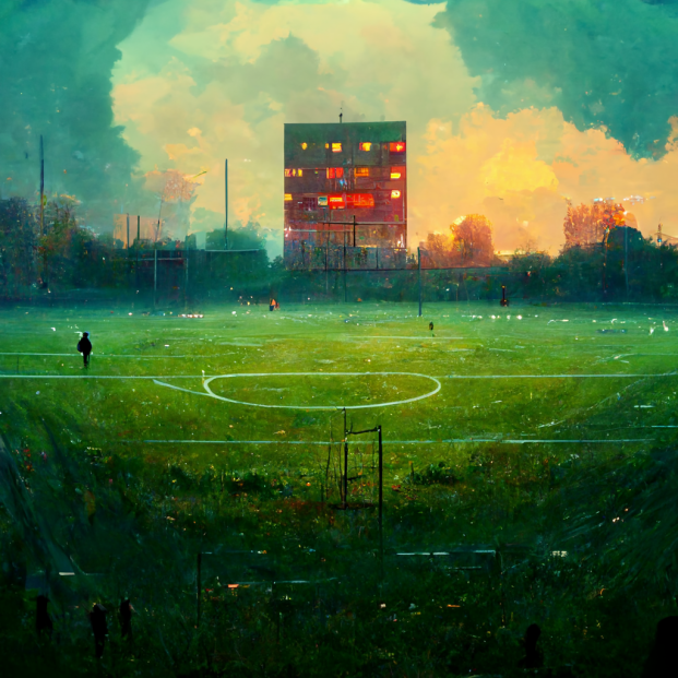 картина футбольного стадиона вечером на фоне которого дом