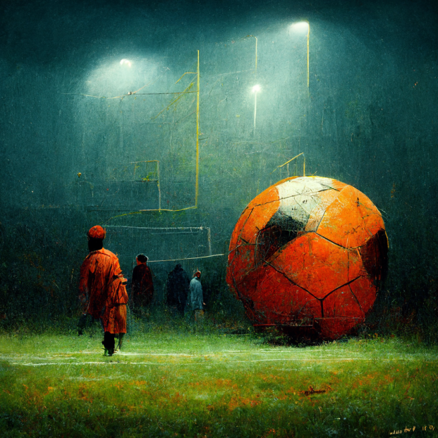 картина футбольного мяча и футболиста на стадионе в вечернее время