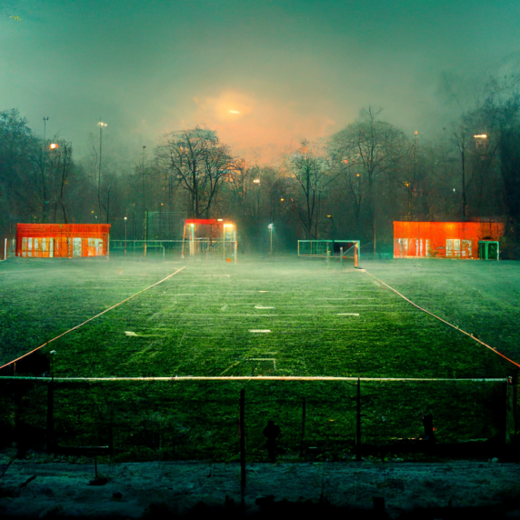 картина футбольного поля в вечернее время на фоне со зданиями  