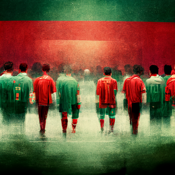 Картина команд по футболу в зеленых и красных одеждах на стадионе