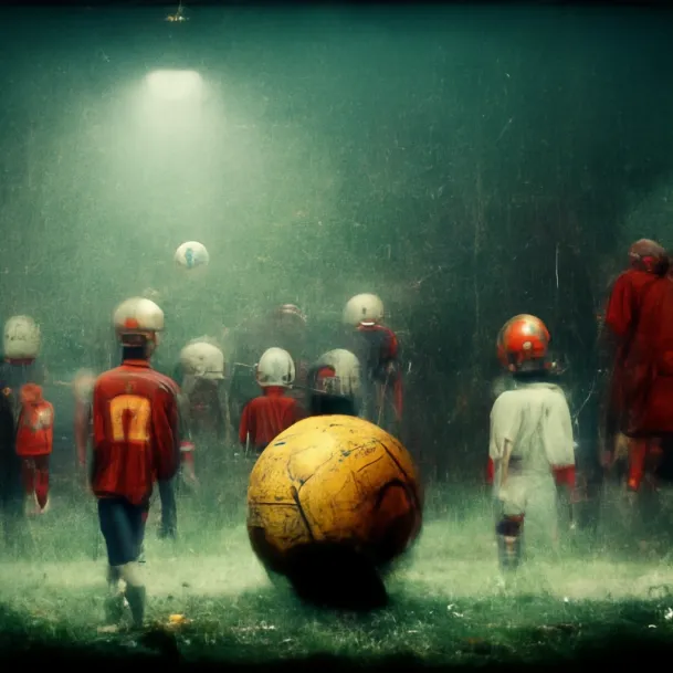 картина футбольного стадиона с игроками и мячом в вечернее время